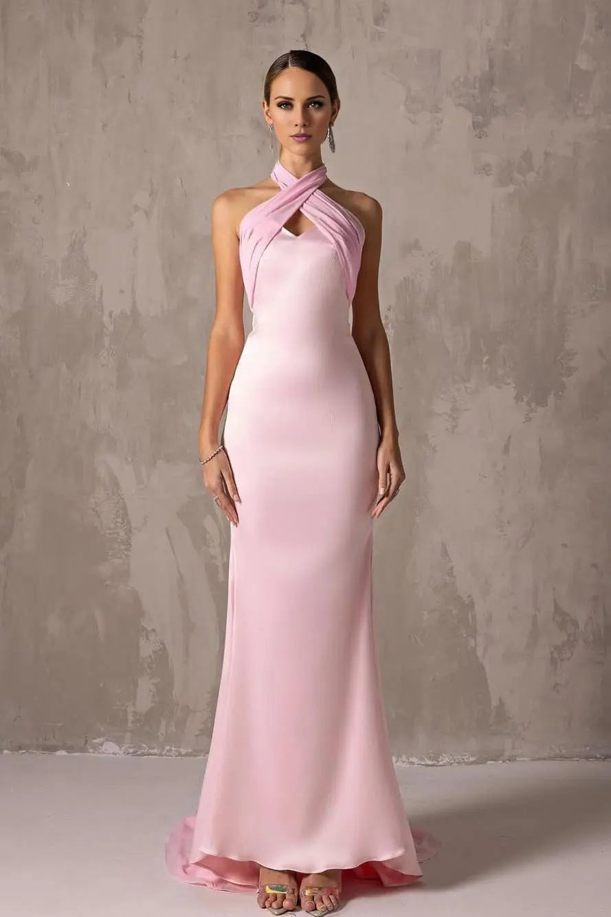 Robe Weitese élégante en satin rose blush, robe longue sans manches, robe de soirée avec robe de bal plissée